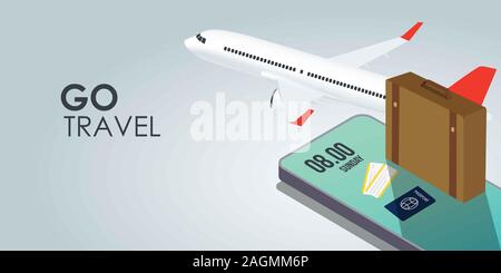 Reise und Tourismus Hintergrund. Kaufen oder Buchen online Tickets. Reisen, Business Flüge weltweit. Flache Vector Illustration Stockfoto