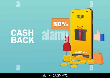 Cashback Konzept. Spart Geld. Geld zurückerstatten. Stapel Münzen und Telefon mit der Taste erhalten Sie die Cashback gestartet. Vector Illustration im flachen Stil. Stockfoto