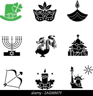 Urlaub Glyphe Symbole gesetzt. St. Patrick's Day, Mardi Gras, Diwali, Hanukkah, das chinesische Neujahr, Valentinstag, 4. Juli, Weihnachten. Silhouette Symbole. Stock Vektor