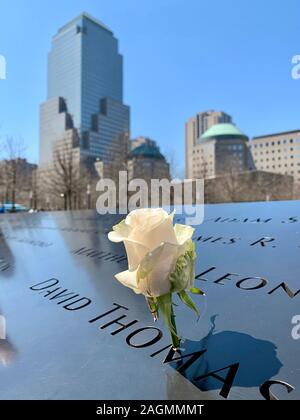 Gedenkstätte weiße Rose an der 911 Gedenkstätte World Trade Center, NY Stockfoto