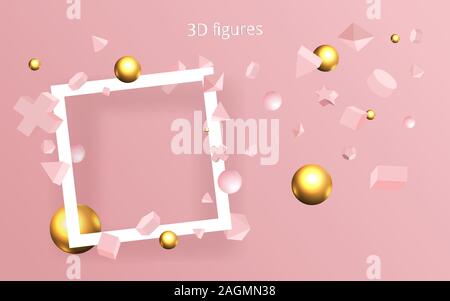 Golden Pink 3D-Grundkörper mit weißen Rahmen, realistisch geometrischer Vektor Grafik für Web und Print Dekoration, elegante Bewegung Metall- und Matt Figur Stock Vektor