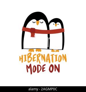 Ruhezustand an - Zwei niedliche Pinguine mit einem roten Schal. Sie huddle zusammen. Handgezeichneten Schriftzug für Weihnachten Glückwunschkarten, Einladungen. Gut für Stock Vektor