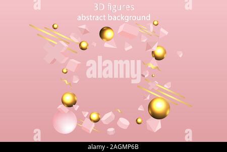 3D rosa Grundkörper mit goldenen metallic Figuren, realistische Vector Illustration. Elegante Bewegung Konzept für Web und Print Dekoration, geometrische Luxus Stock Vektor