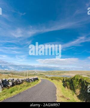 Landstraße in Burren, County Clare, Irland mit der Carran Depression, einer riesigen Doline oder verkarsteten Depression mit einem Turlough (ephemeraler See) Stockfoto