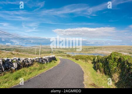 Landstraße in Burren, County Clare, Irland mit der Carran Depression, einer riesigen Doline oder verkarsteten Depression mit einem Turlough (ephemeraler See) Stockfoto