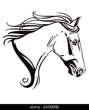 Dekorative monochrome Zierpflanzen Kontur Portrait von laufenden Pferd mit langer Mähne, Suchen im Profil. Vector Illustration in schwarzer Farbe auf isolierte Stock Vektor