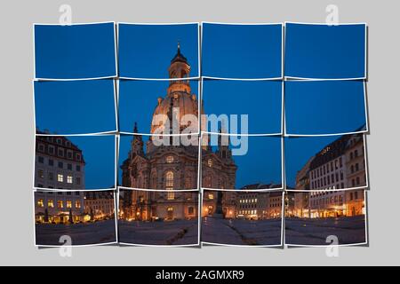 16 Bilder, um ein großes Bild. Blick auf die Kirche Unserer Lieben Frau, gesehen vom Neumarkt - Platz, Dresden, Sachsen, Deutschland, Europa Stockfoto