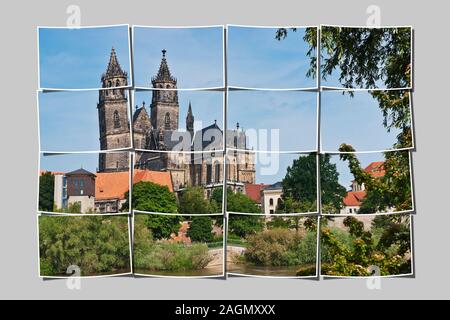 Blick über die Elbe-River zum Dom von Magdeburg, Sachsen-Anhalt, Deutschland, Europa Stockfoto