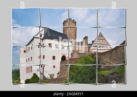 Die Scharfstein Schloss auf einem scharfen Stein langgestreckten Bergrücken über dem Dorf, Scharfstein Drebach-Scharfenstein, Sachsen, Deutschland Stockfoto