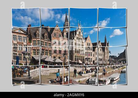 Blick von der Korenlei über den Fluss Lys auf die historischen Häuser der Graslei, Gent, Belgien, Europa Stockfoto