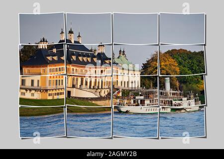 16 Bilder, um ein großes Bild. Blick über Elbe-fluss auf das Schloss Pillnitz, Dresden, Sachsen, Deutschland, Europa Stockfoto