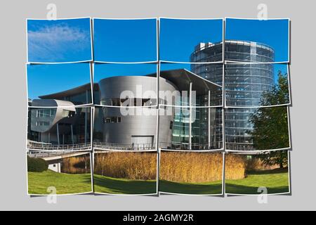 16 Bilder, um ein großes Bild. Teilweise mit Blick auf die Gläserne Manufaktur Dresden, die Produktion des VW-Konzerns, Dresden, Sachsen, Deutschland, Eur Stockfoto