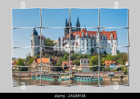 16 Bilder, um ein großes Bild. Blick auf die Elbe, die Albrechtsburg, Meißen, Sachsen, Deutschland, Europa Stockfoto