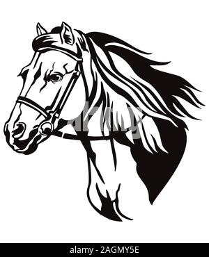 Dekorative monochrome Kontur Portrait von Running Horse in Zaum suchen im Profil, Vector Illustration in schwarzer Farbe auf weißem Hintergrund. Stock Vektor