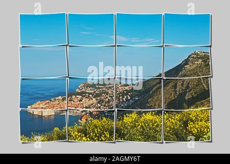 16 Bilder, um ein großes Bild. Blick auf die Altstadt von Dubrovnik und der Berg Srd, Dubrovnik, Dalmatien, Kroatien, Europa Stockfoto