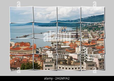 16 Bilder, um ein großes Bild. Blick auf den Hafen und die Stadt Triest, Friaul-Julisch Venetien, Italien, Europa Stockfoto