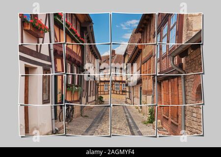 16 Bilder, um ein großes Bild. Gildschaft Gasse in Quedlinburg, Sachsen-Anhalt, Deutschland, Europa Stockfoto