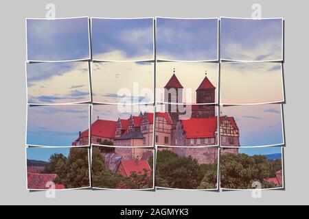 16 Bilder, um ein großes Bild. Schloss und Stiftskirche St. Servatius auf dem Schlossberg, Quedlinburg, Sachsen-Anhalt, Deutschland, Europa Stockfoto