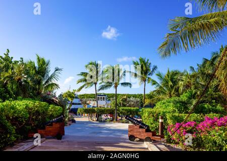 Der Blick auf den Strand auf Half Moon Cay Insel der Bahamas. Stockfoto