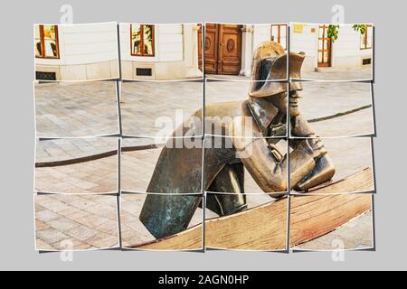16 Bilder, um ein großes Bild. Die Skulptur der napoleonischen Soldaten ist auf dem Hauptplatz in Bratislava. Es wurde von der sculp erstellt Stockfoto