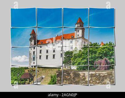 16 Bilder, um ein großes Bild. Die Burg von Bratislava in Bratislava, die Hauptstadt der Slowakei in Europa Stockfoto