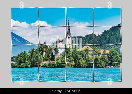 St. Mary's Church befindet sich auf einer kleinen Insel im See von Bled entfernt. Die Kirche wurde im Jahr 1465, Bled, Gorenjska (obere Krain), Slowenien, Europa. Stockfoto