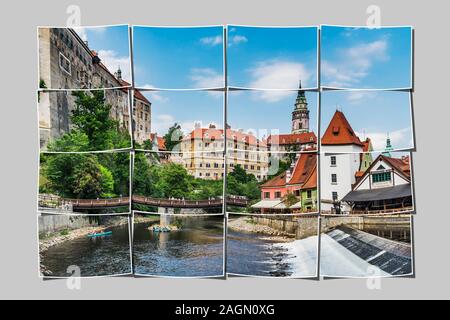 Blick auf die Altstadt von Chesky Krumlov, das Schloss Chesky Krumlov und die Moldau in Böhmen, Jihocesky Kraj, Tschechische Republik, Europa Stockfoto