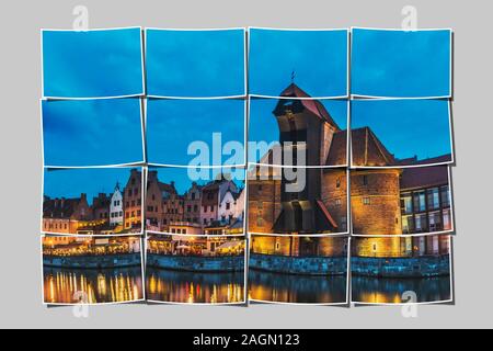 Blick über den Fluss Mottlau auf die Waterfront und den Zuraw Kran Tor bei Nacht, Danzig, Pommern, Polen, Europa Stockfoto