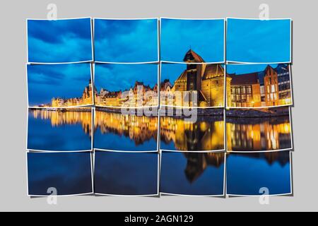 Blick über den Fluss Mottlau auf die Waterfront und den Zuraw Kran Tor bei Nacht, Danzig, Pommern, Polen, Europa Stockfoto