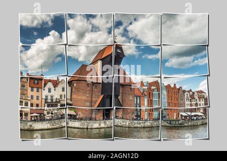 Blick auf die Mottlau auf die lange Brücke und die zuraw Kran Tor. Der Kran ist das berühmteste Wahrzeichen der Stadt, Danzig, Polen, Europa Stockfoto