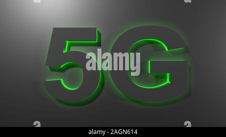 5G schwarz Schreiben mit grünem Licht, auf die schwarze Fläche - 3D Rendering illustration Stockfoto