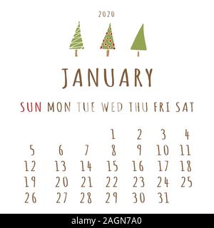 Januar 2020 Kalender. Der erste Monat des neuen Jahres, im Winter. Für den persönlichen Gebrauch und für das Büro. Scheduler. Weihnachtsbaum und Schnee Einrichtung Stock Vektor