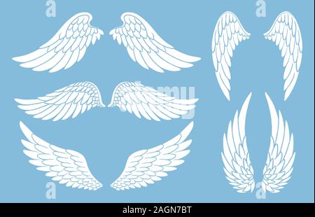 Set von Hand gezeichneten Vogel- oder Engelsflügeln unterschiedlicher Form in offener Position. Doodle Wings Set mit weißen Silhouetten. Stock Vektor