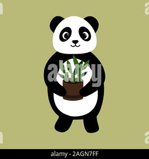 Panda hält einen Topf mit wachsenden Bambus in ihren Pfoten. Bambus tragen schwarz und weiß. Organische natürliche Anlage. Urlaub Geschenk. Farbige Abbildung Stock Vektor