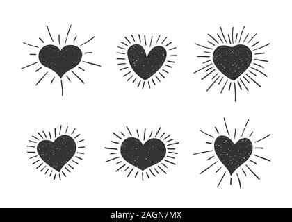 Set von Doodle Herz geformt Symbole mit Retro-Stil Sonnenstrahlen. Sammlung von verschiedenen handgezeichneten romantischen Herzen für Aufkleber, Label, Liebe Logo und Stock Vektor