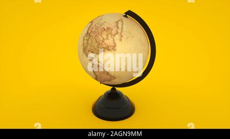 Vintage Globus auf gelben Hintergrund. 3D-Rendering. Stockfoto