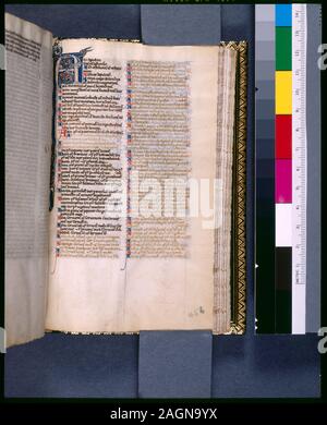 "In De Ricci, Seymour, Volkszählung Handschriften des Mittelalters und der Renaissance in den Vereinigten Staaten und Kanada aufgeführt. New York. New York: H.W. Wilson, 1935; und Ergänzen, New York, N.Y.: Bibliographische Gesellschaft von Amerika, 1962. Ownership: gehörte zu W.A. McV. Von R.L. Stuart Sammlung (Nr. 3), vermachte 1892. 53 Zeilen in zwei Spalten, in Bleistift regiert, prickings sichtbar, Trace von quire Signatur w. 134? Abwechselnd Rot und Blau Initialen mit entgegengesetzter Farben penwork bis in Grenzen; Kapitel Nummern und Namen von Büchern in Rot und Blau; daubs von Rot als placemarkers; Rubriken. De Ricci und Dr. Gues Stockfoto