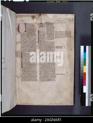 In de Ricci, Seymour, Volkszählung Handschriften des Mittelalters und der Renaissance in den Vereinigten Staaten und Kanada aufgeführt. New York. New York: H.W. Wilson, 1935; und Ergänzen, New York, N.Y.: Bibliographische Gesellschaft von Amerika, 1962. Ownership: Gelöscht ex-libris am Ende, die offenbar mit Word Brugensis oder Bergamensis. Französische Auktion, Ca. 1880. Von R.L. Stuart Sammlung (Nr. 13969), vermachte 1892. 50 Zeilen in zwei Spalten, in Bleistift ausgeschlossen. Prickings sichtbar. De Ricci, 1316. Diagramm von Dr. G.B. Guest. Bibliothek Dossier. Menschlichen Kopf skizziert im Rand, w. 23. Große rote und blaue Initialen mit Puzzle Stockfoto