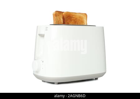 Toaster mit Brotscheiben auf weißem Hintergrund Stockfoto