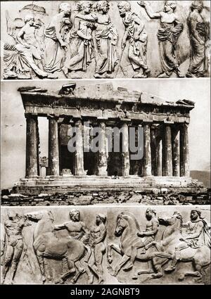 Ein Ende des 19. Jahrhunderts Foto des Parthenon in Athen, und Teil der seine Friese im Rohzustand. Die Friesen sind nun in Großbritannien in die "Elgin Marbles"-Sammlung statt. Stockfoto