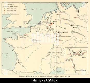 Wichtigsten RAF Bomber Command Ziele 1944-1945. Weltkrieg 2. Deutschland 1954 alte Karte Stockfoto