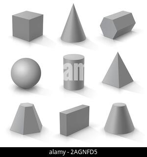 Grundlegende 3D-Formen. Grau geometrischen Körpern auf einem weißen Hintergrund. Vector Illustration Stock Vektor