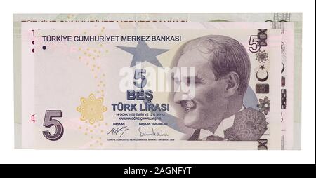 Einige der Türkischen Banknoten. 5 Türkische Lira Vorderseite, andere Münzen im Hintergrund Stockfoto