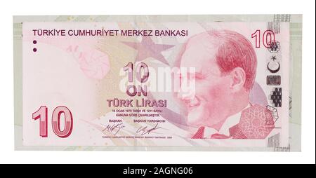 Einige der Türkischen Banknoten. 10 Türkische Lira Vorderseite, andere Münzen im Hintergrund Stockfoto