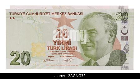 Einige der Türkischen Banknoten. 20 Türkische Lira Vorderseite, andere Münzen im Hintergrund Stockfoto