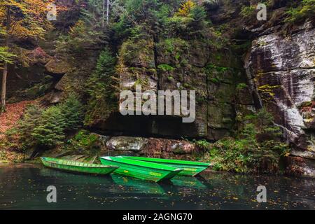 Fluss mit Herbstlaub und Felsbrocken auf dem Fluss Kamenice in der Böhmischen Schweiz. In der Nähe der wilden Schlucht. Stockfoto