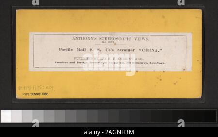Pacific Mail SS-Firma Dampfgarer China umfasst einerseits - farbige Anzeigen. Robert Dennis Sammlung von stereoskopische Ansichten. Einige Ansichten haben steuerstempel angebracht. Titel von Cataloger'. Blick auf den Hafen von New York: Fähren, Segelschiffe, Piers und Kaianlagen, Dampfschiffe, einschließlich der Vorsehung und mit Blick auf den Innenbereich, schwebenden Getreidesilos, Lastkähne, Werften, Männer aus dem französischen Mann-von-Krieg Landung in einem dory an der Batterie, die US Barge Office und den Versand news Büro des New York Herald, der Fuß der Whitehall Street, Soldaten auf einen italienischen Mann-von-Krieg mit Bajonetten, Fort Lafayette, Reg Stockfoto