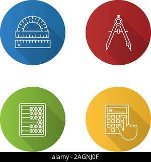 Mathematik Flachbild lineare lange Schatten Symbole gesetzt. Winkelmesser, Lineal, Kompass, Abacus, Rechner. Vektor Kontur Abbildung Stock Vektor