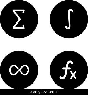 Mathematik Glyphe Symbole gesetzt. Sigma, integral, Unendlichkeitszeichen, Funktion. Vektor weisse Silhouetten Abbildungen in schwarzen Kreisen Stock Vektor