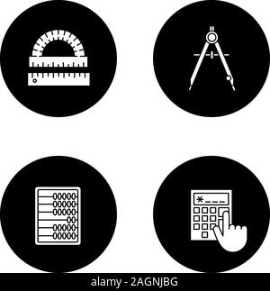 Mathematik Glyphe Symbole gesetzt. Winkelmesser, Lineal, Kompass, Abacus, Rechner. Vektor weisse Silhouetten Abbildungen in schwarzen Kreisen Stock Vektor